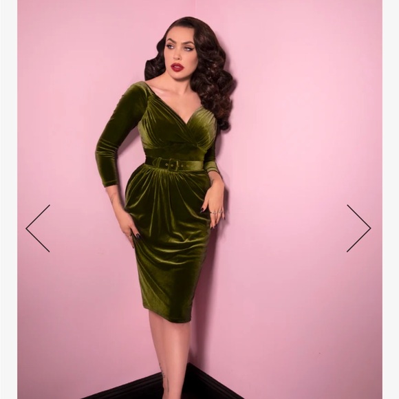 Vixen by Micheline Pitt Dresses & Skirts - Micheline Pitt Starlet Wiggle Olive Green Velvet XS